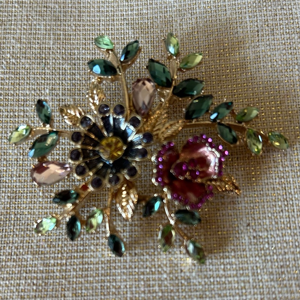 Napier Flower Brooch Gold Tone Enamel Green White Pink Purple Stones